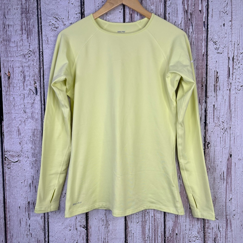 Nike Pro Size Large Women’s Dri-Fit Long Sleeve Shirt Thumb Holes Ice Yellow